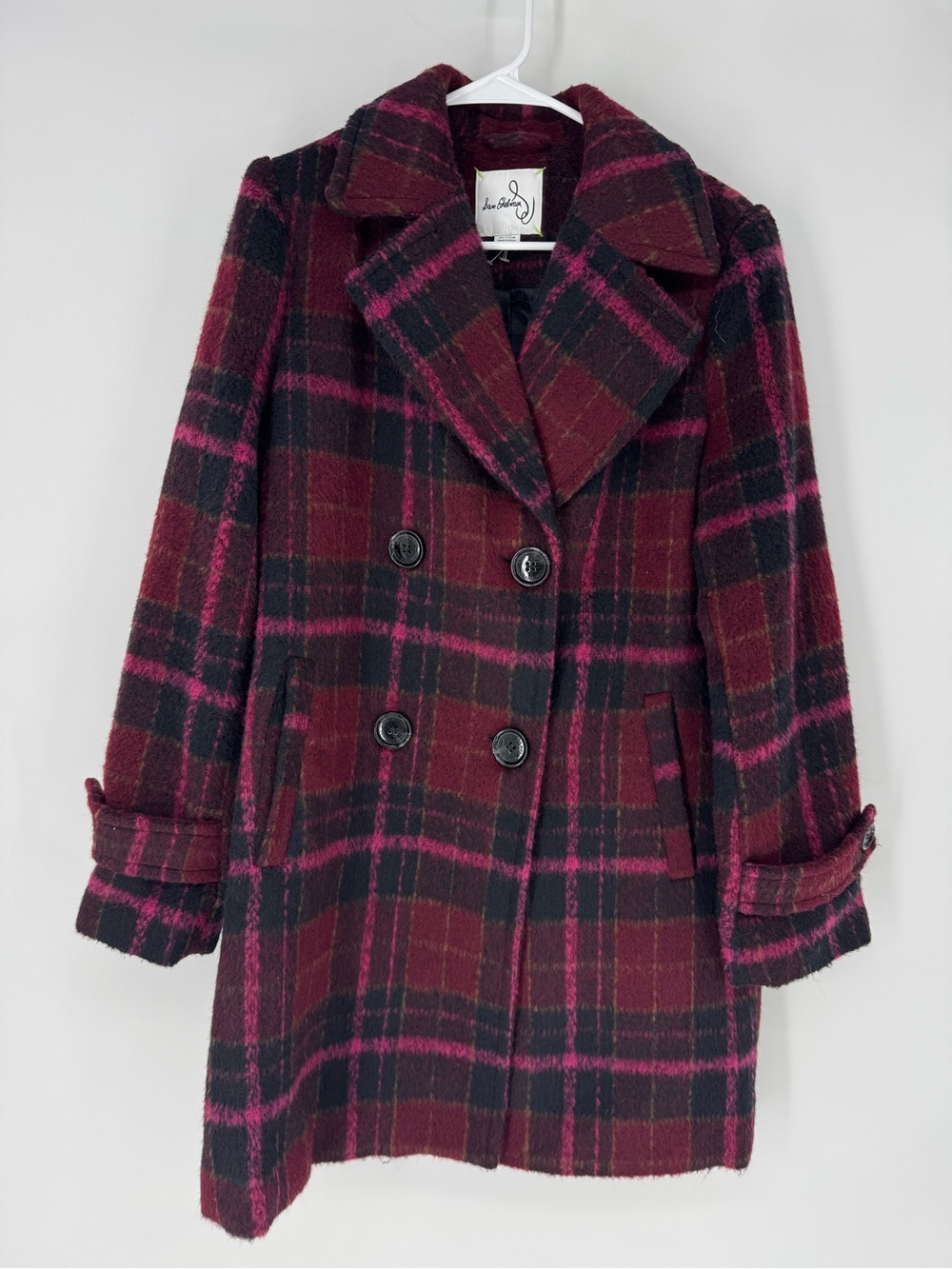 Sam Edelman Burgundy & Pink Plaid Double-Breasted Pea Coat